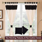 Cream raw silk curtain and cushion cover set shown together