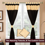 Black raw silk curtain and cushion cover set shown together