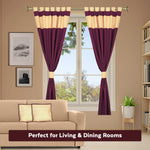 Maroon raw silk curtain and cushion cover set shown together
