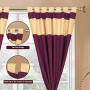 Maroon raw silk curtain and cushion cover set shown together