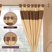 Brown raw silk curtain and cushion cover set shown together