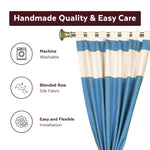 Turquoise raw silk curtain and cushion cover set shown together