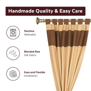Brown raw silk curtain and cushion cover set shown together
