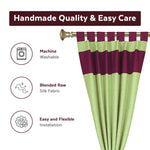 Olive green raw silk curtain and cushion cover set shown together