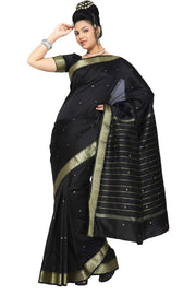 Black art silk sari shown draped on a model