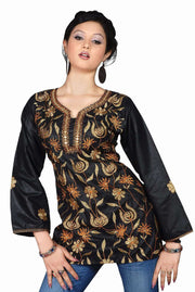 Black sari kurti tunic shown draped on a model