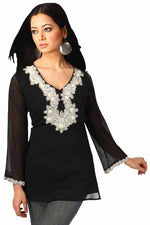Black art silk kurti tunic shown draped on a model