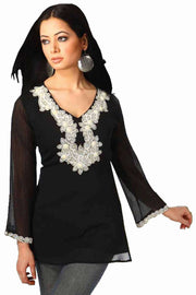 Black art silk kurti tunic shown draped on a model