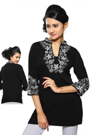 Black poly crepe kurti tunic shown draped on a model
