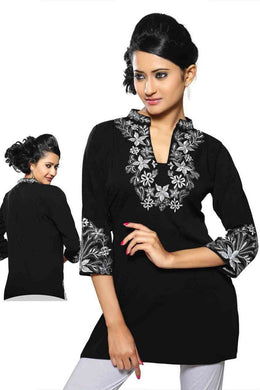 Black poly crepe kurti tunic shown draped on a model