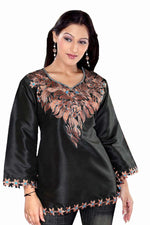 Black art silk kurti tunic shown draped on a model
