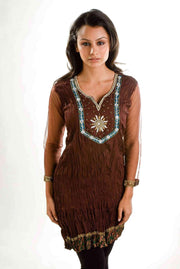 Brown poly crepe kurti tunic shown draped on a model