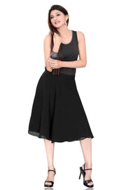 Black georgette pleated skirt shown draped on a model