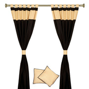 Black raw silk curtain and cushion cover set shown together