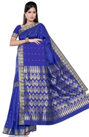 Blue art silk sari shown draped on a model