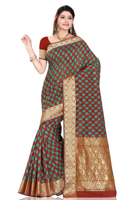 Brown art silk sari shown draped on a model