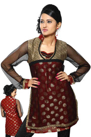 Rust sari kurti tunic shown draped on a model