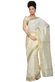Cream art silk sari shown draped on a model