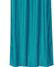 Turquoise velvet ring top curtains hung at a window
