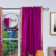 Violet sari rod pocket curtains hung at a window