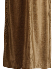 Taupe velvet ring top curtains hung at a window