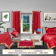 Fire brick sari tab top curtains hung at a window