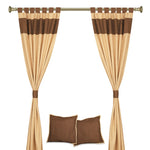 Brown raw silk curtain and cushion cover set shown together