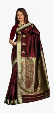 Maroon art silk sari shown draped on a model