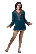Green georgette kurti tunic shown draped on a model