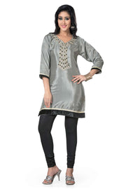 Grey silk kurti tunic shown draped on a model