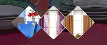 Three diamond-shaped inset previews showing different curtain color options: blue sari cushion with white stars, purple sari curtains, and tan/brown velvet curtain. The background shows a dark red surface with stacked plates.