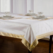 White sari tablecloth laid on a dining table