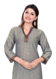 Gray sari kurti tunic shown draped on a model