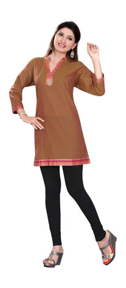 Brown sari kurti tunic shown draped on a model