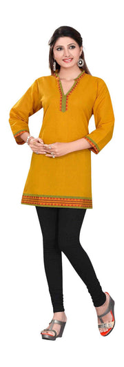 Mustard sari kurti tunic shown draped on a model