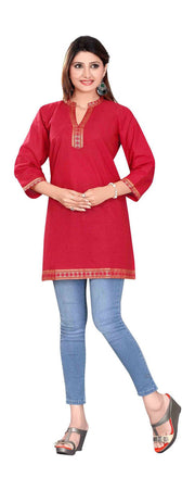 Red sari kurti tunic shown draped on a model