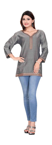 Gray sari kurti tunic shown draped on a model