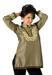 Henna art silk kurti tunic shown draped on a model