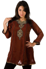 Brown sari kurti tunic shown draped on a model