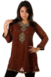 Brown sari kurti tunic shown draped on a model