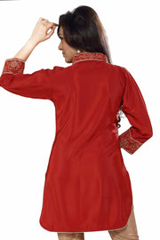 Rust poly crepe kurti tunic shown draped on a model