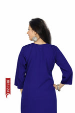 Navy blue poly crepe kurti tunic shown draped on a model