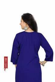 Navy blue poly crepe kurti tunic shown draped on a model