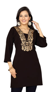 Black poly crepe kurti tunic shown draped on a model
