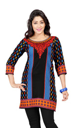 Black sari kurti tunic shown draped on a model