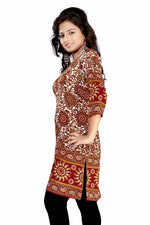 Maroon sari kurti tunic shown draped on a model