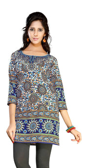 Dark blue sari kurti tunic shown draped on a model