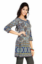 Dark blue sari kurti tunic shown draped on a model