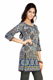 Dark blue sari kurti tunic shown draped on a model