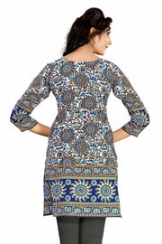 Dark blue sari kurti tunic shown draped on a model